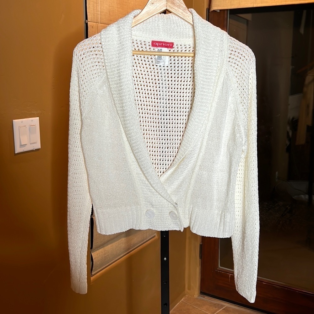 Apriori by Escada Cream Knit Snap Button Cardigan Size 14 Open Weave Cropped - Picture 2 of 10